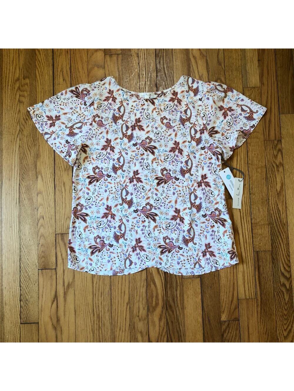 Nine Britton NWT Women's Cream Brown Floral Short Sleeve Blouse Size M